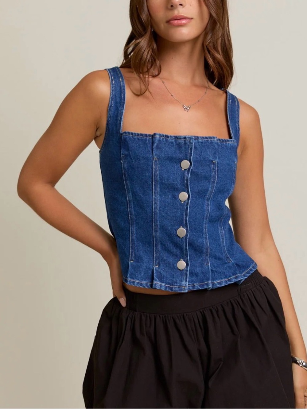 NWT Le Lis Blue Denim Button-Front Square Neck Crop Top